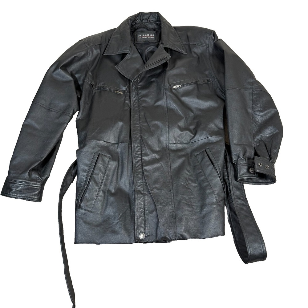 Vintage Wilson's Women's Mid‎ Length Leather Waist Tie Jacket Size L Moto Black